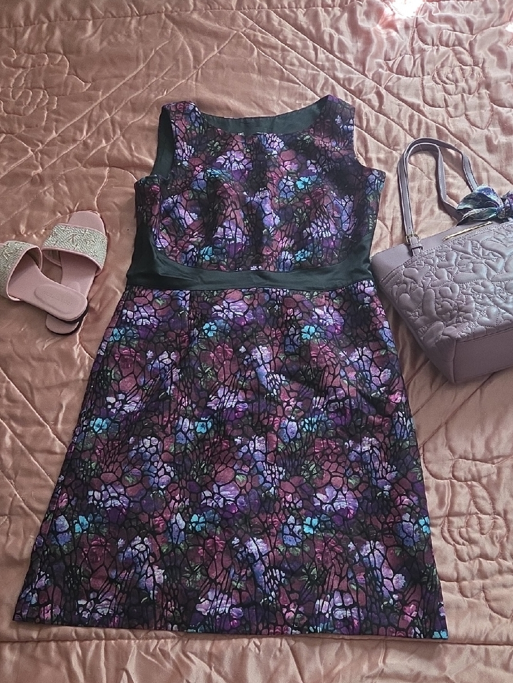 Leslie Fay Black Floral Lace Midi Dress with Purple and Teal Accents